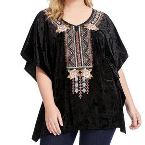 Andree By Unit Black Velvet Floral Embroidered V Neck Tunic Top Boho Hippie Sz L